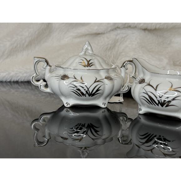Lefton China Sugar And Creamer White And Silver Hand Painted 225 - Picture 3 of 14